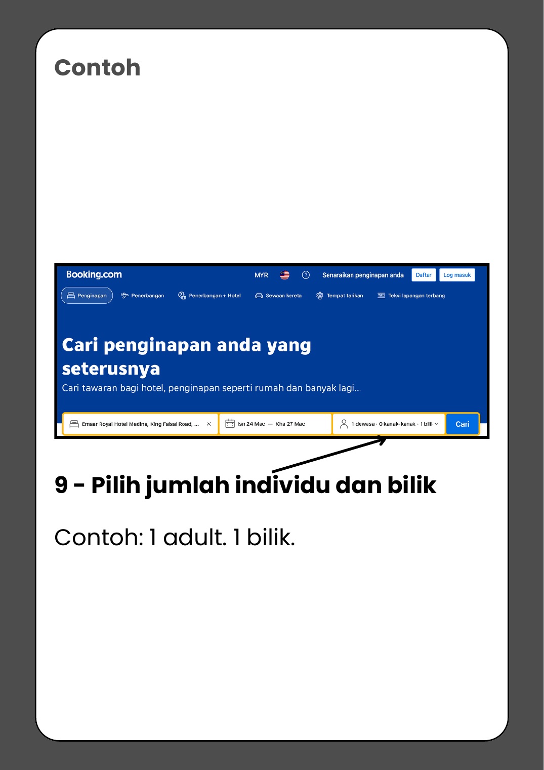 Contoh tempahan hotel guna Booking.com