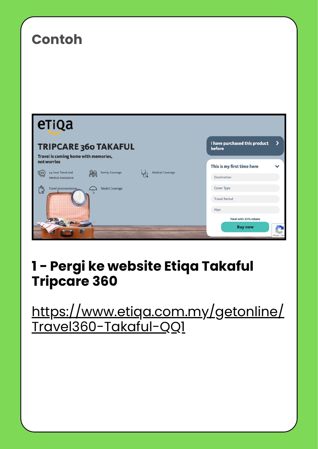 Contoh daftar travel takaful Etiqa Tripcare 360